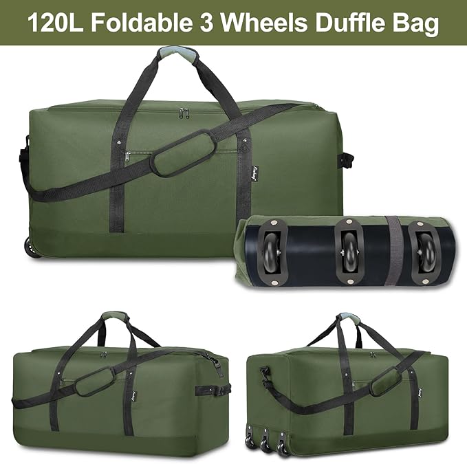 Finnhomy 120L Foldable Rolling Duffel Bag with 3 Wheels, Light Weight Travel Duffel bag with Large Loading Capacity, 32 inch Rolling Duffel bag with Shoulder Strap for Travel Camping Sports