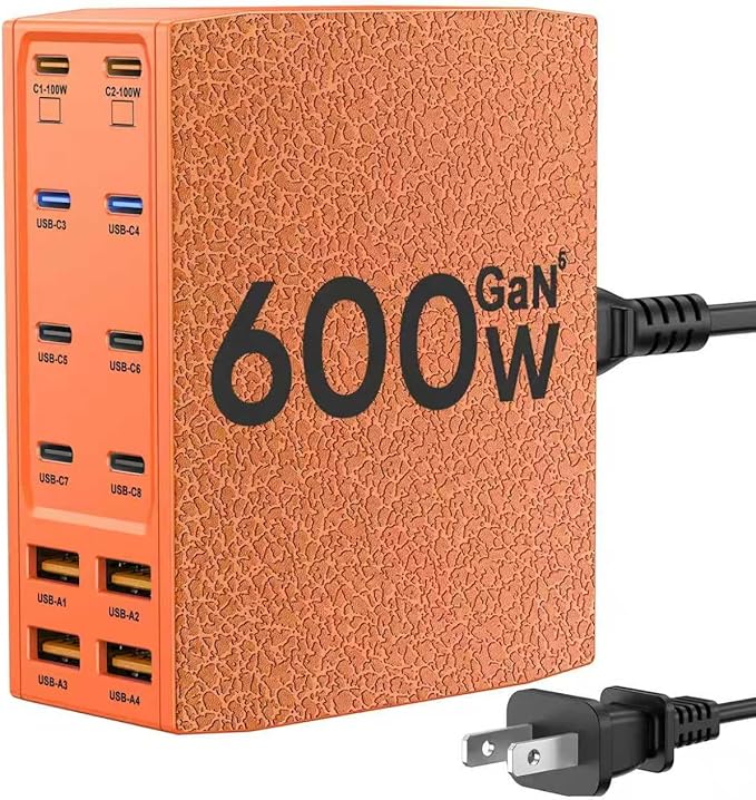 USB Charging Station (600W),12-Port USB C Charger Block with Dual 100W PD USB-C Fast Charging Station Hub for MacBook Pro/Air/All iPad Phone 17/16 15/14/13/Pro Max/Samsung Galaxy Note(Orange)