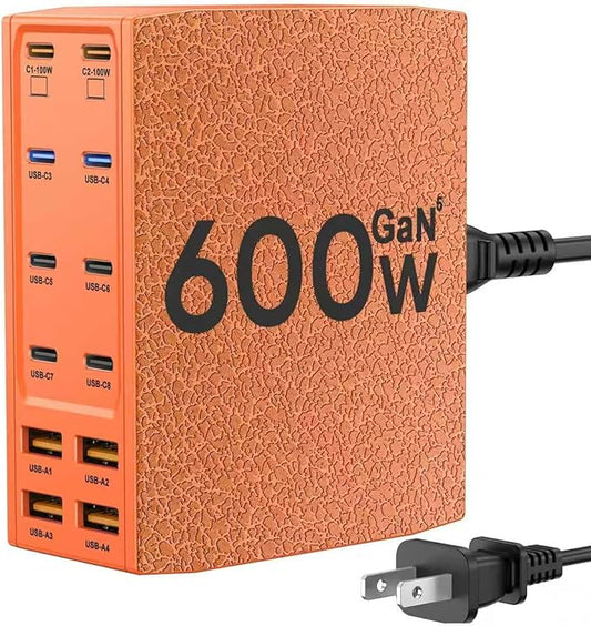USB Charging Station (600W),12-Port USB C Charger Block with Dual 100W PD USB-C Fast Charging Station Hub for MacBook Pro/Air/All iPad Phone 17/16 15/14/13/Pro Max/Samsung Galaxy Note(Orange)