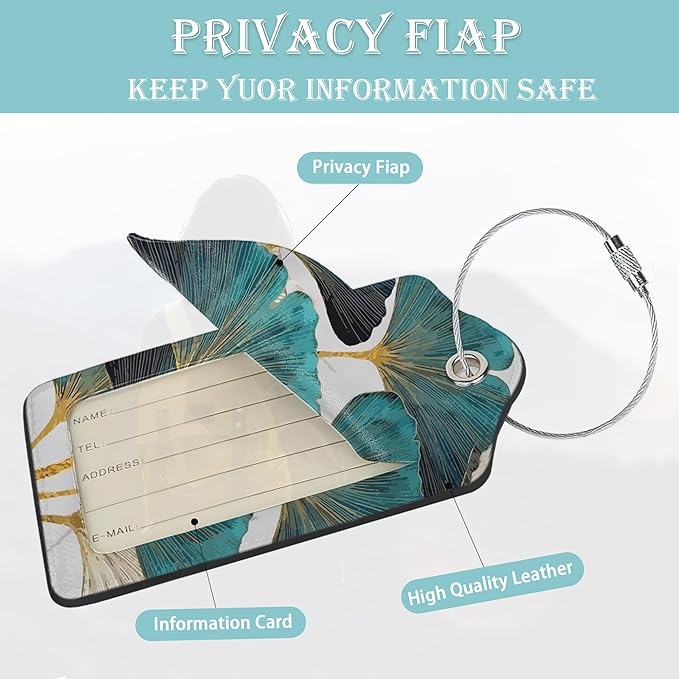 2 Pack Luggage Tag for Suitcases Green Ginkgo Leaf PU Leather Bag Travel Suitcase ID Identifier Baggage Tags for Women Men Travel