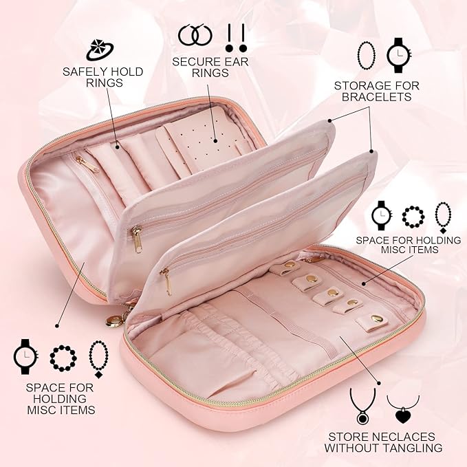 emissary Jewelry Organizer Case Travel Jewelry Storage Bag for Necklace, Earrings, Rings, Bracelet, Valentines Day Gifts, Earring Storage, Necklace Storage, Pouch Bag Accessories for Travel (Pink)