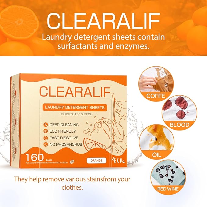 CLEARALIF Laundry Detergent Sheets Up to 160 Loads, Orange - Great For Travel, Apartments, Dorms,CLEARALIF Laundry Detergent Strips Eco Friendly & Hypoallergenic