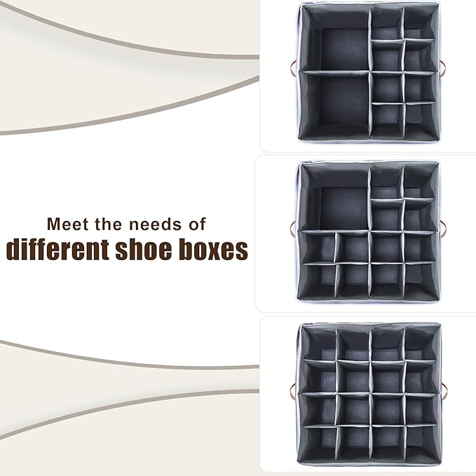 Shoe Organizer for Closet, Fits up to 16 Pairs Shoe Storage, Clear Foldable Shoe Containers Boxes Bins Baskets with Adjustable Dividers and Clear Cover Grey