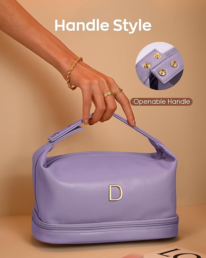 Makeup Bags for Teens Girls, Initial Double Layer Cosmetic Bag with Makeup Brush Organizer, Large Capacity PU Leather Travel Toiletry Bag, Gifts for Friends Female Mom