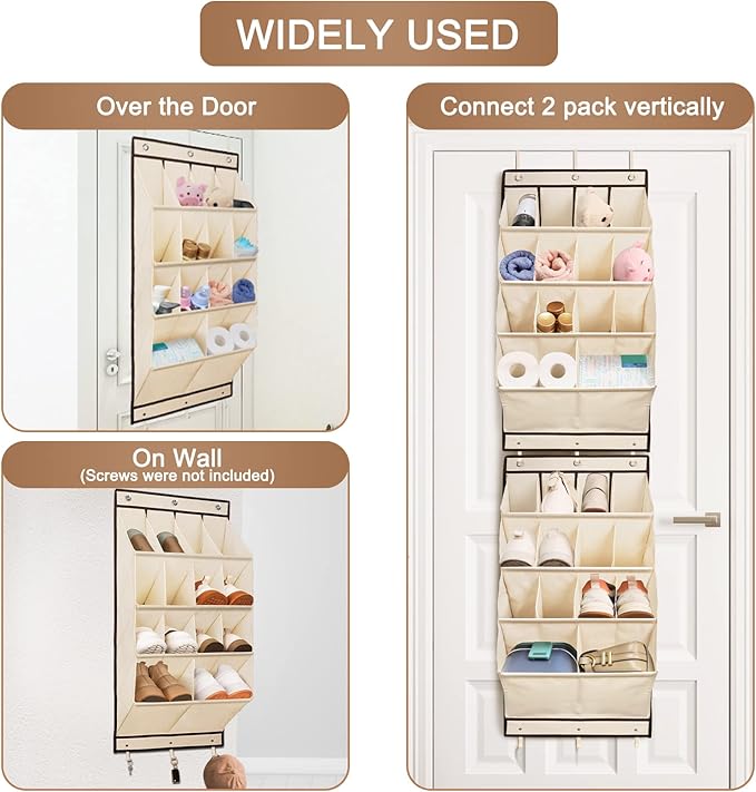FENTEC 2 Pack Over the Door Shoe Organizer, Hanging Shoe Organizer, 28 Large Deep Pockets Door Shoe Rack with 6 Hooks Shoe Organizer for Shoes, Sneakers, and Home Accessories, Beige