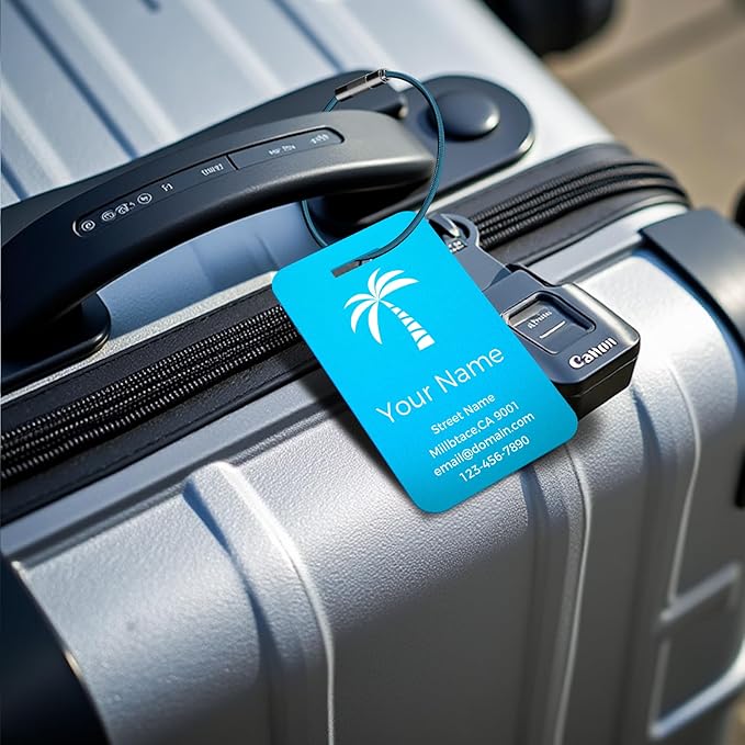 Personalized Luggage Tags, Custom Luggage Tags 4 Pack TSA Approved Double Sided Laser Engraving, Metal Luggage Tag for Suitcases with Stainless Loops, Name Tag for Bags, Backpacks (Lake Blue)