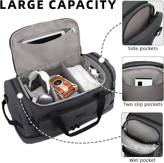 ZOMFELT Duffle Bag for travel, 40L Canvas Travel Duffel Bags for Men Women, Water Resistant Overnight Weekender Bag with Toiletry Bag & Shoe Compartment, Carry on Luggage Bag for Travel, Gym, Black
