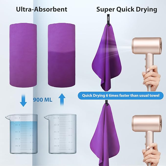 BOGI Microfiber Travel Sports Towel-Quick Dry Towel, Soft Lightweight Microfiber Camping Towel Absorbent Compact Travel Towel for Camping Gym Beach Yoga Swimming Backpacking (S:16''x32'',2Pcs-Purple)