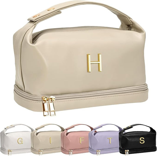Makeup Bag with Handle, Waterproof Double Layer Cosmetic Bag, Large Capacity PU Leather Makeup Bags Letter Travel Toiletry Bag with Makeup Brush Organizer