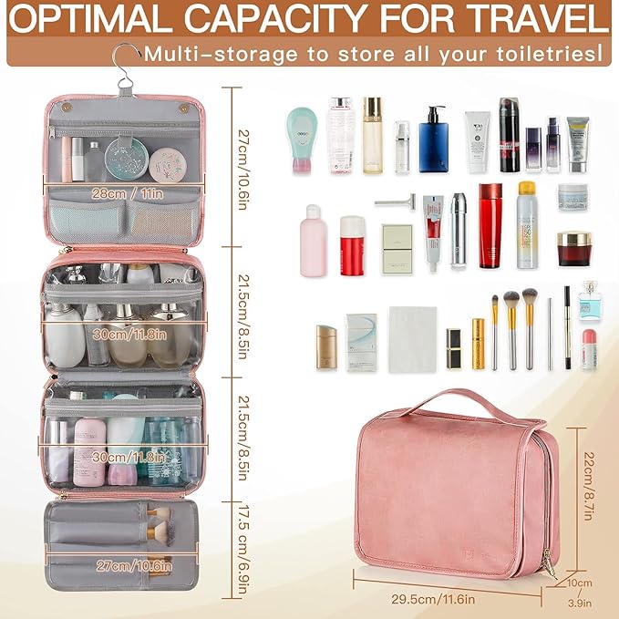 Elviros Hanging Travel Toiletry Bag for Women, 3-in-1 Large Makeup Bag and Cosmetic Organizer, Vegan Leather Waterproof Skincare Case for Travel Size Toiletries and Accessories