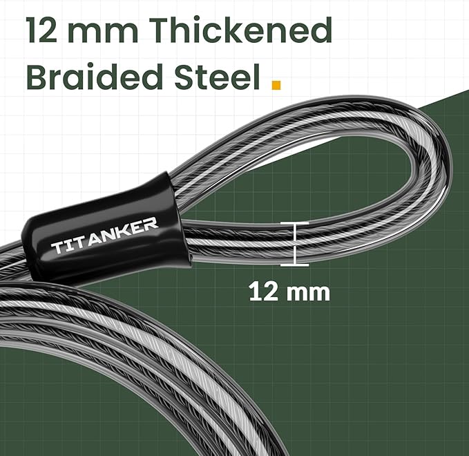 Titanker Bike Lock Cable,12mm Thick Security Cable with Loops Heavy Duty Steel Cable Vinyl Coated Bike Cable Lock Security Chain (4ft, 7ft, 15ft, 30ft)