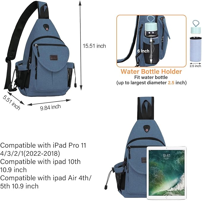 MOSISO Sling Backpack,Canvas Crossbody Hiking Daypack Bag with Anti-theft Pocket, Steel Blue