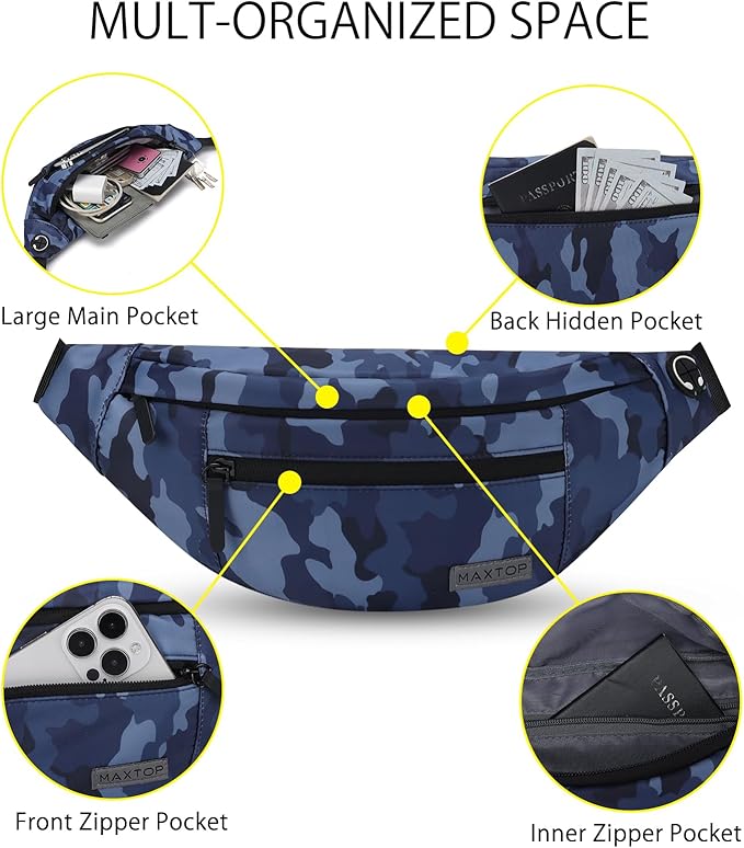 MAXTOP Large Crossbody Fanny Pack with 4-Zipper Pockets,Gifts for Enjoy Sports Festival Workout Traveling Running Casual Hands-Free Wallets Waist Pack Phone Bag Carrying All Phones