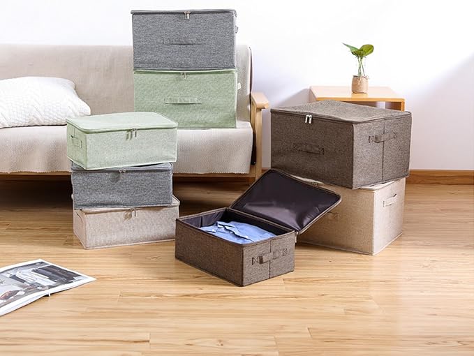ANMINY Storage Bins with Zipper Lids 51.9 Qt Lidded Fabric Storage Boxes Baskets Cubes with Handles Collapsible Washable Cotton Linen Closet Shelf Clothes Organizer - Beige, Extra Large
