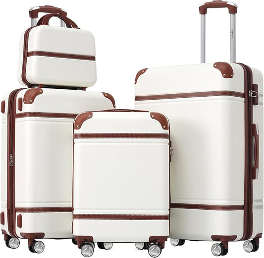Merax Luggage Set 3 Piece Suitcase Set with Cosmetic Case Expandable Spinner Wheels Vintage Luggage Sets(White,20"+24"+28")