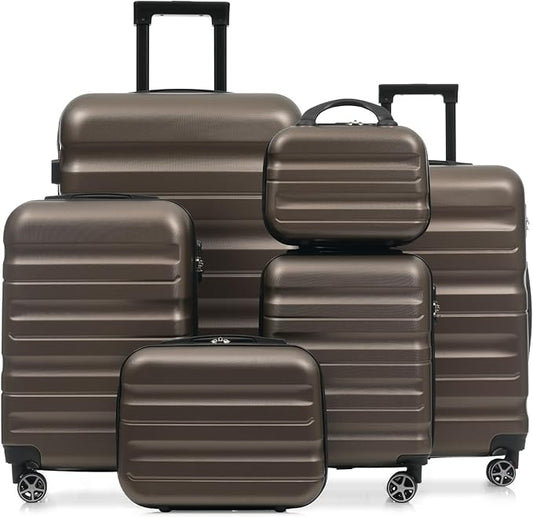 Merax Luggage Set 6 Piece, Hardshell ABS Suitcases with 8 Silent Spinner Wheels, Durable and Lightweight Travel Luggage for Family Trips, Brown