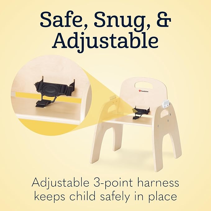 Foundations Easy Serve Low Wood Feeding Chairs Multipack, Adjustable Harness, Removable Dishwasher Safe Tray, No-Tip Base, Stackable Toddler Chairs, 2 Pack (7 inch)