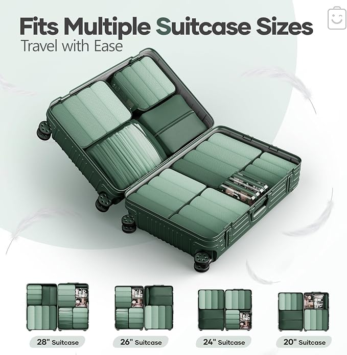 Veken 11 Set Compression Packing Cubes for Travel Essentials,Compressible Expandable Large Luggage Suitcase Organizer Bags for Clothing,Durable Space Saver Storage Bags with Toiletry Bags(Dark Green)
