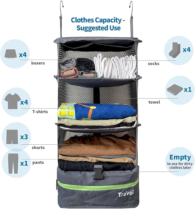 Grand Fusion Stow-N-Go Travel Luggage Organizer – Portable Hanging Travel Shelves, Carry-On Closet Organizer, Hanging Packing Cubes, Collapsible Carry-On Organizer for Cruises & Hotels. Dark Gray - L