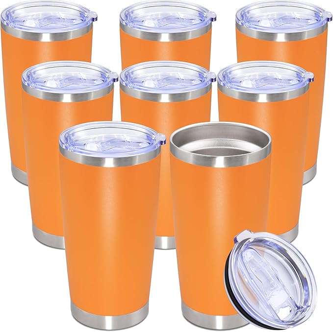 20oz Tumbler Bulk Stainless Steel Tumbler Cup with Lid Vacuum Insulated Double Wall Travel Mug, Durable Powder Coated Travel Coffee Tumbler Mug for Hot & Cold Drinks, Orange,8 Pack