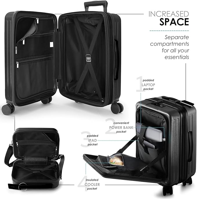 22 Inch Carry On Luggage 22x14x9 Airline Approved, Carry On Suitcase with Wheels, Hard-shell Carry-on Luggage, Durable Luggage Carry-On, Black Small Suitcase with Cosmetic Case