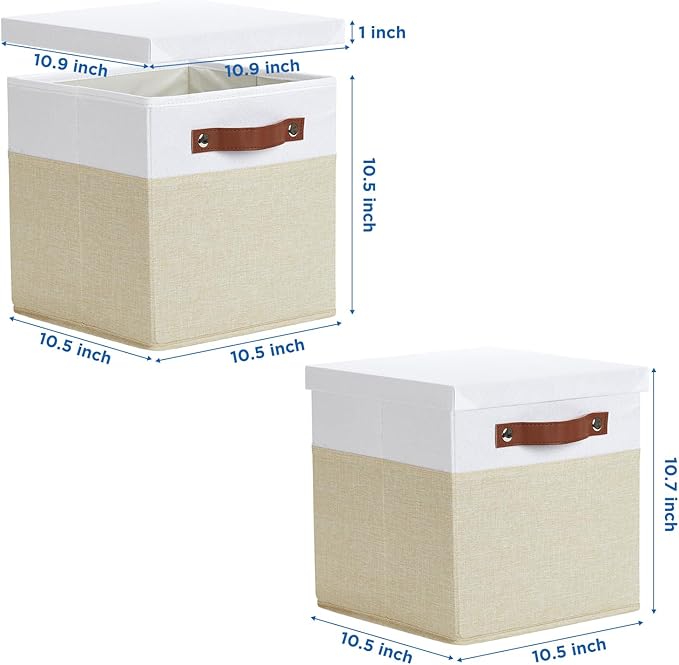 Temary Foldable Fabric Storage Bins with Lids, 2-Pack Storage Bin for Organizing Living Room, Closet Organization, Multi-Purpose Storage Boxes for Clothes (White&Khaki, 10.5x10.5x10.5in)