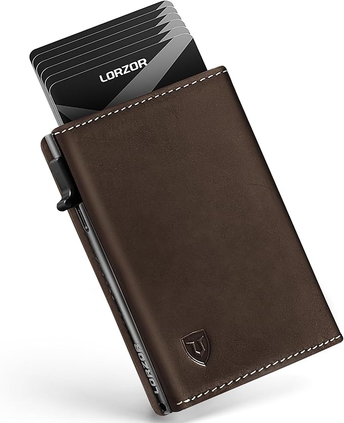LORZOR Wallet for Men with Metal Card Holder, Pop Up Wallet, Finest Full Grain Leather Trifold Wallet, Smart, Minimalist, RFID Blocking, Front Pocket, ID Window, Brown/Grey