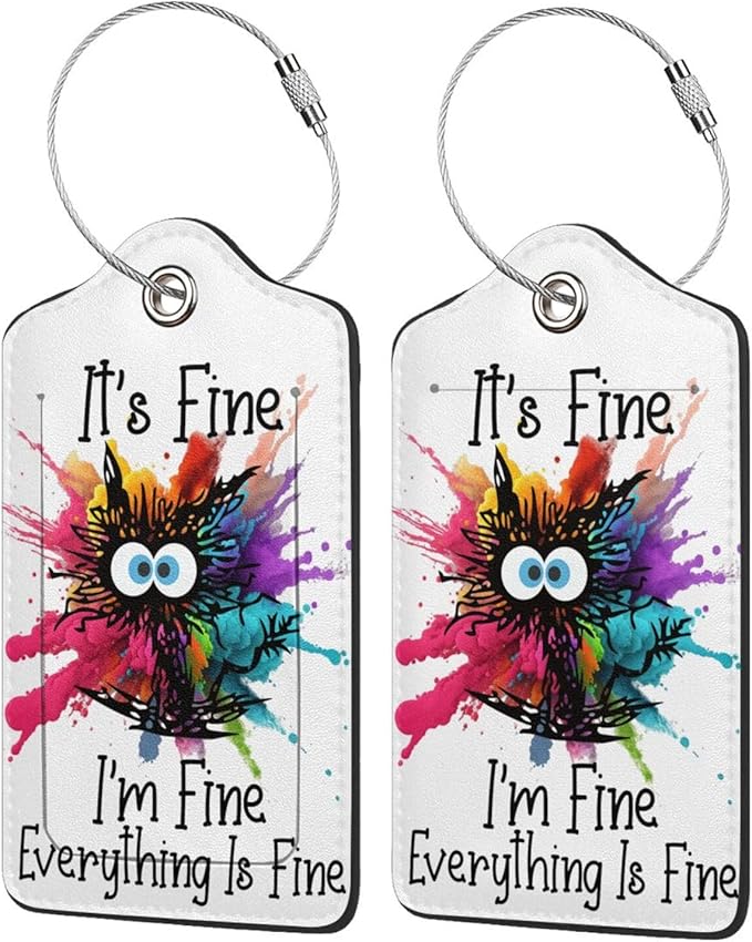 2 Pack Luggage Tags for suitcases Funny Cute I'm Fine It's Fine Luggage Tag, Leather Stainless Steel Loop Label Tag for Men Women Travel Bag Suitcase(White Fine)