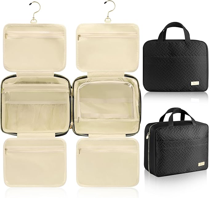 Hanging Travel Toiletry Bag for Women Detachable Toiletry Bag with 6 Compartments Large Makeup Bag Cosmetic Organizer for Bathroom Shower Business Trips Camping，Black