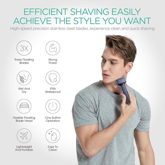 VOYOR Foil Shaver Electric Razor for Men 3 in 1 Shavers for Men with Double Foil Wet & Dry Face Shaver Lightweight Handheld Smooth Shave IPX6 Washable USB-C Rechargeable Travel Razor TX310 (Blue)