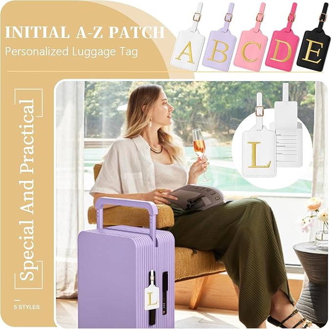 Personalized Initial Luggage Tags for Suitcase TSA Approved, White Leather Cute Luggage Tag with Privacy Cover Name Card, Embroidered Custom Luggage Tags Travel Baggage Tags Gifts for Women Kids(L)