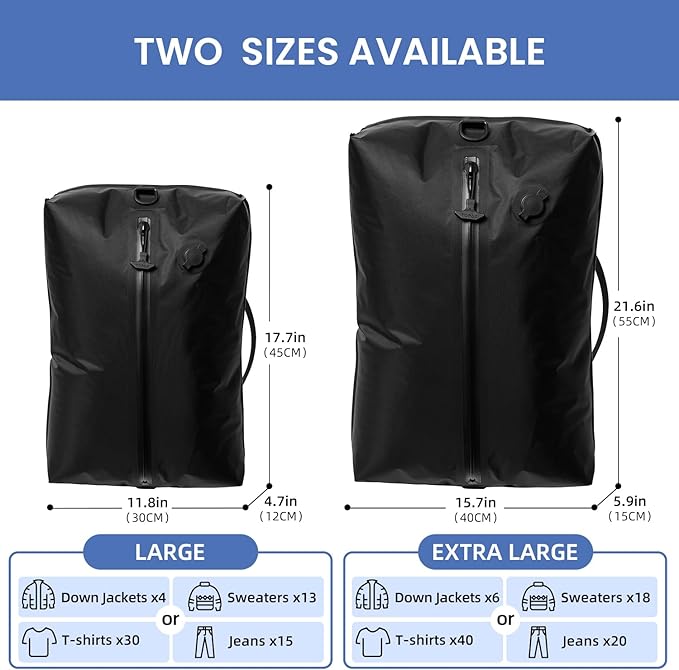 BAGAIL TPU Vacuum Bag for Travel, Reusable Compression Bag with IPX8 Waterproof Zipper, Save Space for Suitcase, Backpack and Carry on (Black, ExtraLarge, No Pump)