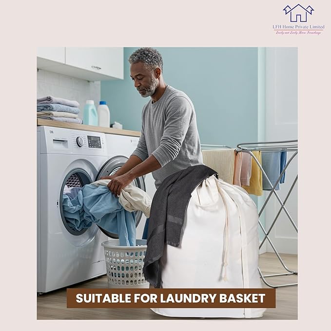 LFH Home Cotton Canvas Large Laundry Bag with Handle, Heavy Duty Drawstring Closure Washable Laundry Bags, School Travel, Home, Hotel, College Dorm, Organizer Sack, Toy Clothes 28x40 (Pack of 2)-White