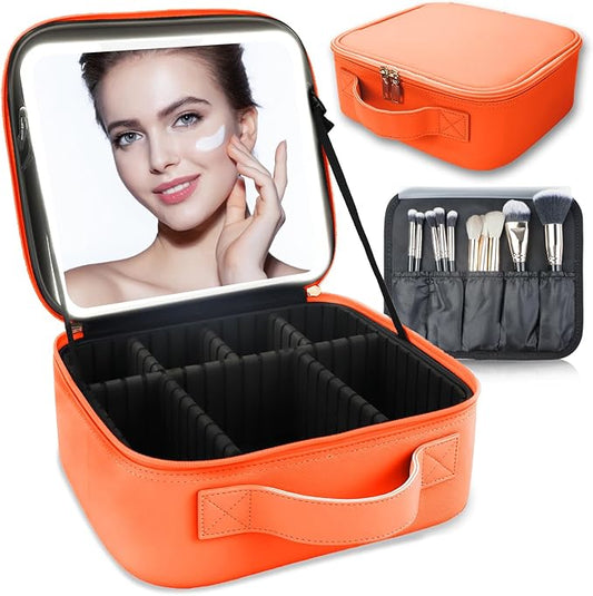 Makeup Bag with Led Mirror,Travel Makeup Organizer with 3 Color Setting & 10X Magnifying Mirror, Portable Storage and Adjustable Dividers Travel Makeup Bag-orange