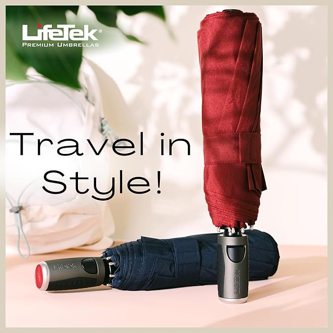 LifeTek Premium Travel Umbrella - Windproof & Compact for Men & Women, Automatic Open Close, Fits in Purse Laptop Bag or Backpack, Strong Frame for Heavy Rain & Sun UV Protection