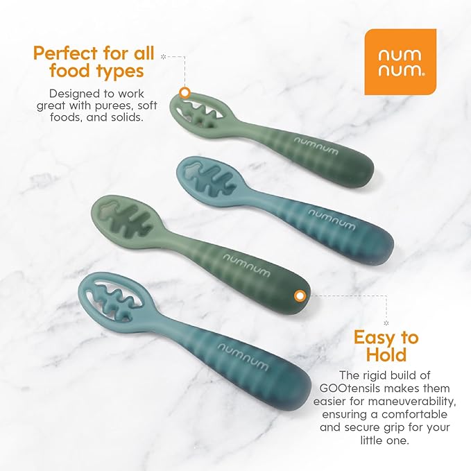 NumNum Baby Spoons Set, Baby Essentials Pre-Spoon GOOtensils for 12+ Months, First Stage Self-Feeding Spoons for Baby Led Weaning (BLW), Silicone Toddler Utensils, BPA-Free, 2 Pack Green
