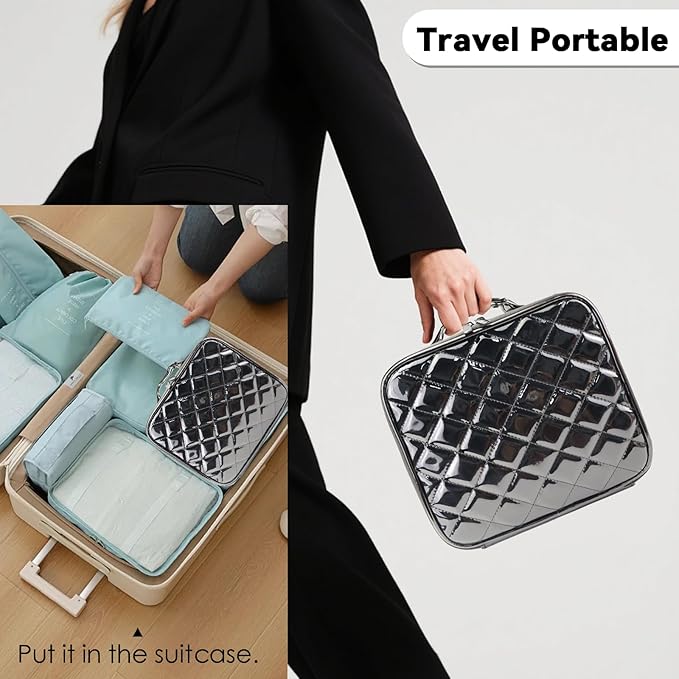 Travel Makeup Bag Makeup Cosmetic Train Case Organizer Portable Storage Bag with Adjustable Dividers for Cosmetics Makeup Brushes Toiletry Jewelry Black Laser Grid Pattern