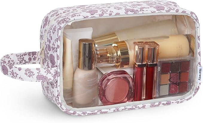 Narwey Clear Toiletry Bags for Traveling Women Men, Clear Travel Bags for Toiletries Makeup Bag Cosmetic Bag with Zipper, Make Up Organizer, Skincare Bag (Little Dusty Pink Flower)