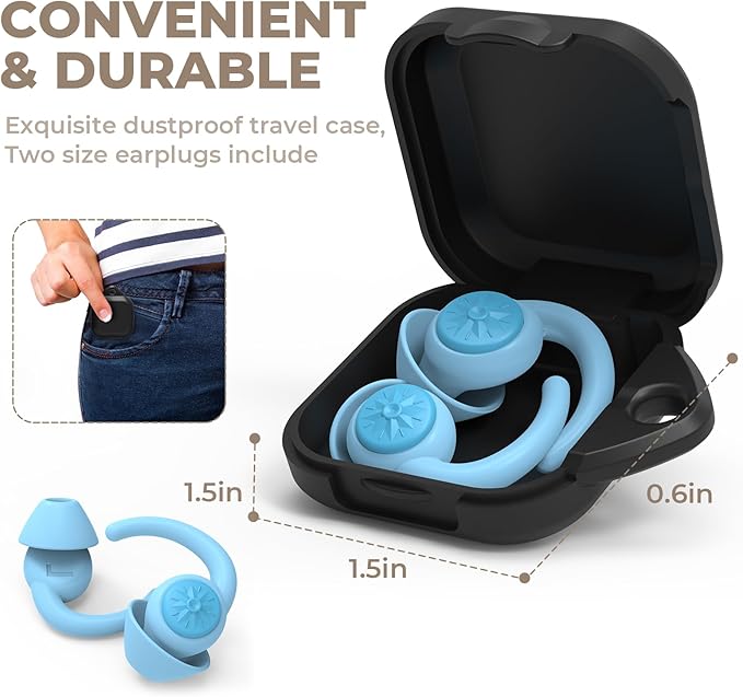 Ear Plugs for Sleeping: Reusable Earplugs for Sleep, Snoring Blocking, Concert, Travel, Airplane, 2 Pairs Washable Soft Silicone Noise Cancelling Ear Plugs (Light Blue)