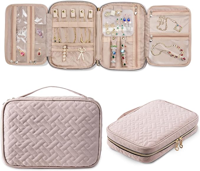 SFYBYHEART Travel Jewelry Organizer Case, Jewelry Travel Bags for Women, Large Capacity Travel Jewelry Case for Tangle-Free Earrings, Necklaces, Rings Storage, Travel Accessories, Pink.…