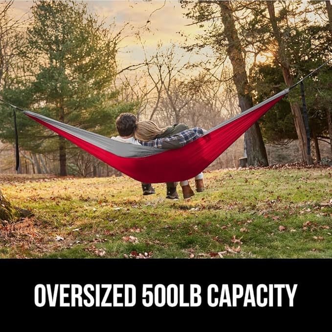 GORILLA GRIP Durable Portable Camping Hammock, Holds 400lbs with Heavy Duty Tree Straps, Comfortable Travel Swing, Camp Hammocks, Easy to Use and Install, Outdoor Essentials, Red, 10x6.5 FT