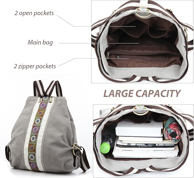 Goodhan Women Canvas Backpack Daypack Casual Shoulder Bag, Vintage Heavy-duty Anti-theft Travel Backpack, Light Grey