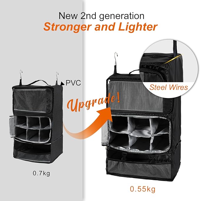 TABITORA Travel Portable Hanging Shelves Closet Organizer Packing Luggage Storage with Multifunctional and Foldable Invisible Compartment,Lightweight, for Suitcase, RV,Closet…Black,XL