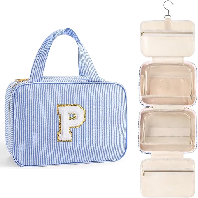 TOPEAST Hanging Toiletry Bag for Women - Travel Toiletry Bag Makeup Bag, Portable Toiletries Cosmetic Bag, Airplane Travel Essentials - Letter P, Blue