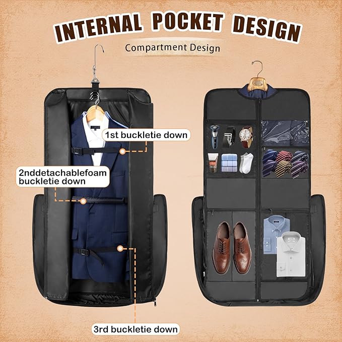 Garment Bag Travel Large Leather Carry On Suit Bag with Strap for Business Hanging Suitcase Luggage Bags for Men Women (Black)