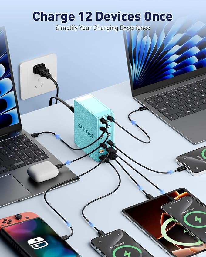Charging Station (600W),12-Port USB C Charger Block with Dual 100W PD USB-C Fast Charging Station Hub for MacBook Pro/Air/All iPad Phone 17/16 15/14/13/Pro Max/Samsung Galaxy Note(Green)