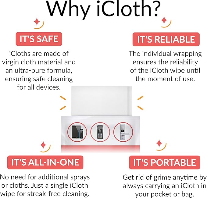 iCloth 70% Isopropyl Alcohol Large Screen and Electronics Wipes, Lint-Free, Streak-Free, Fast-Drying, Removes Dust and Fingerprints (50 Wipes)