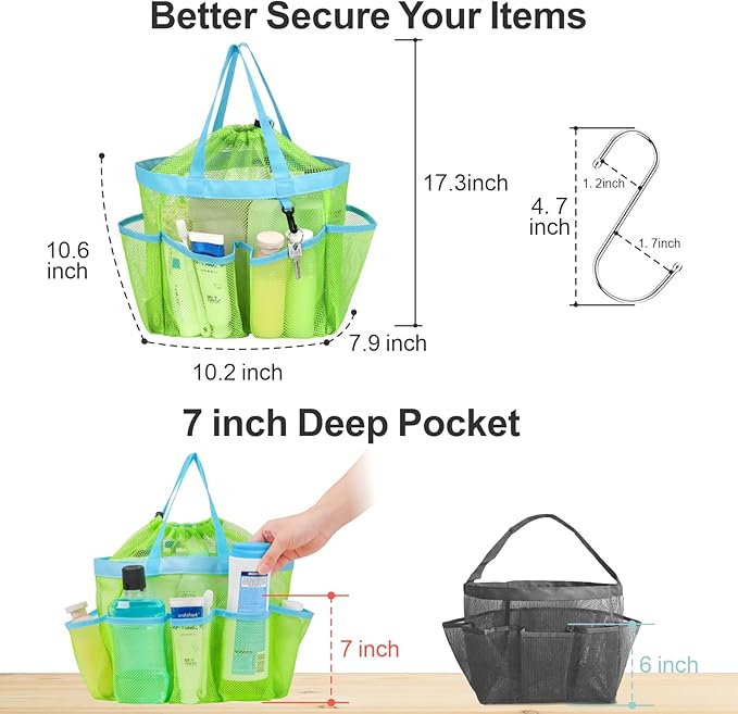 F-color Mesh Shower Caddy Portable with Drawstring - Upgrade Deeper 7 Pockets Dorm Room Essentials for Guys Girls with S Hook, Shower Bag Basket Tote for College Camping Toiletry Bathroom, Green