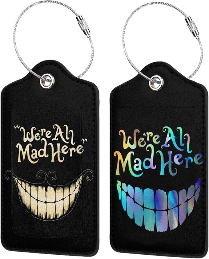 2 Pack Luggage Tags for suitcases Funny Cute Smiley Face We're All Mad Here Luggage Tag, Leather Stainless Steel Loop Label Tag for Men Women Travel Bag Suitcase(Smiley)