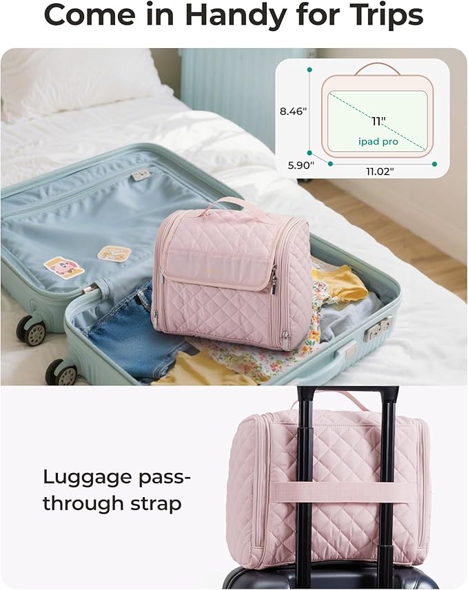 BAGSMART Travel Toiletry Bag, Large Capacity Cosmetic Bags for Women with Hanging Hook, Water-resistant for Toiletries Accessories Brushes Sponge, With Handle